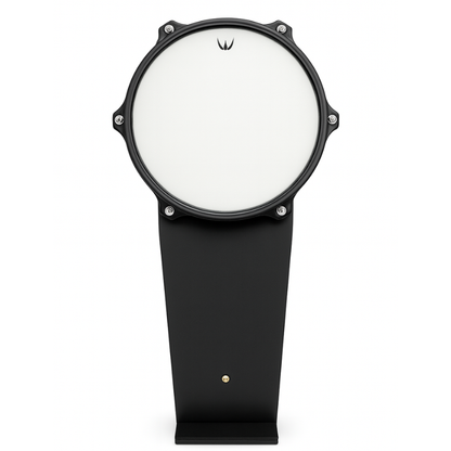 Black and white drum pad on a stand with a brand logo