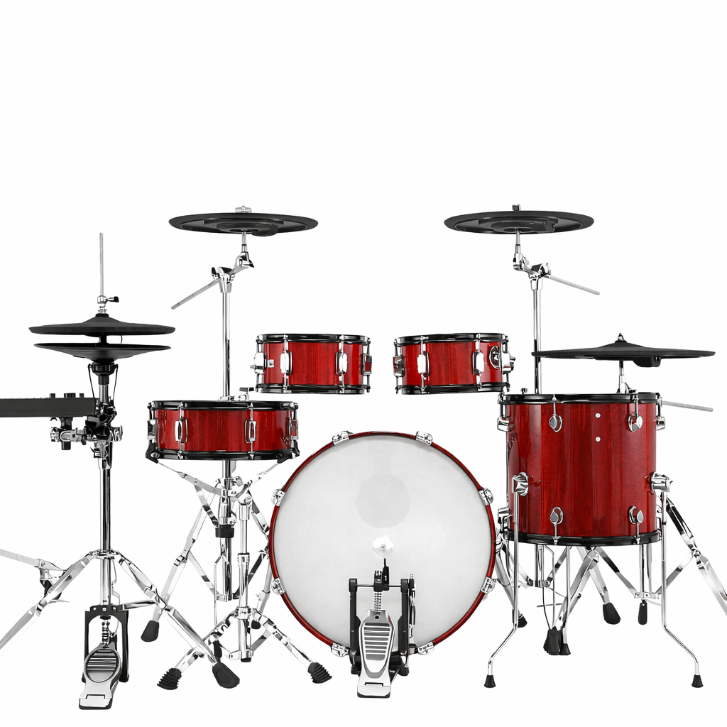 Red drum set with black hardware on a white background