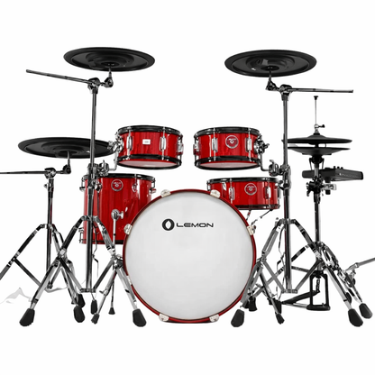 Red drum set with black stands and lemons on a white background