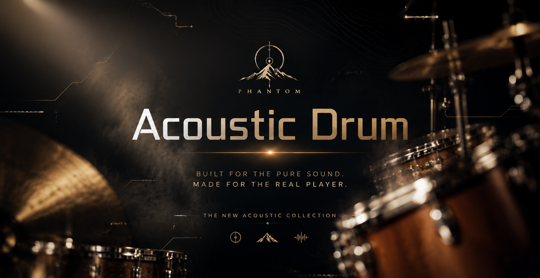 Acoustic drum set with 'Phantom' branding and text about the product.