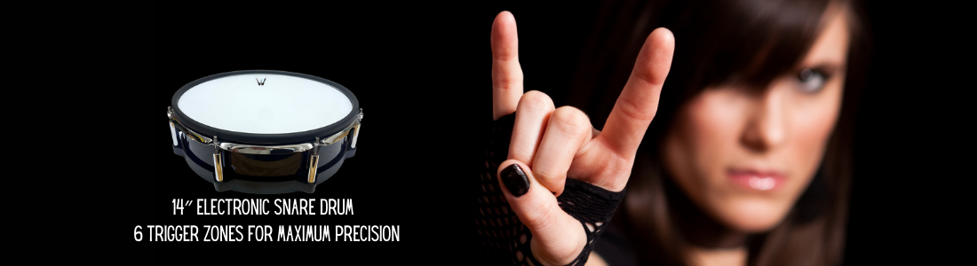 Electronic snare drum with woman making a rock sign on a black background