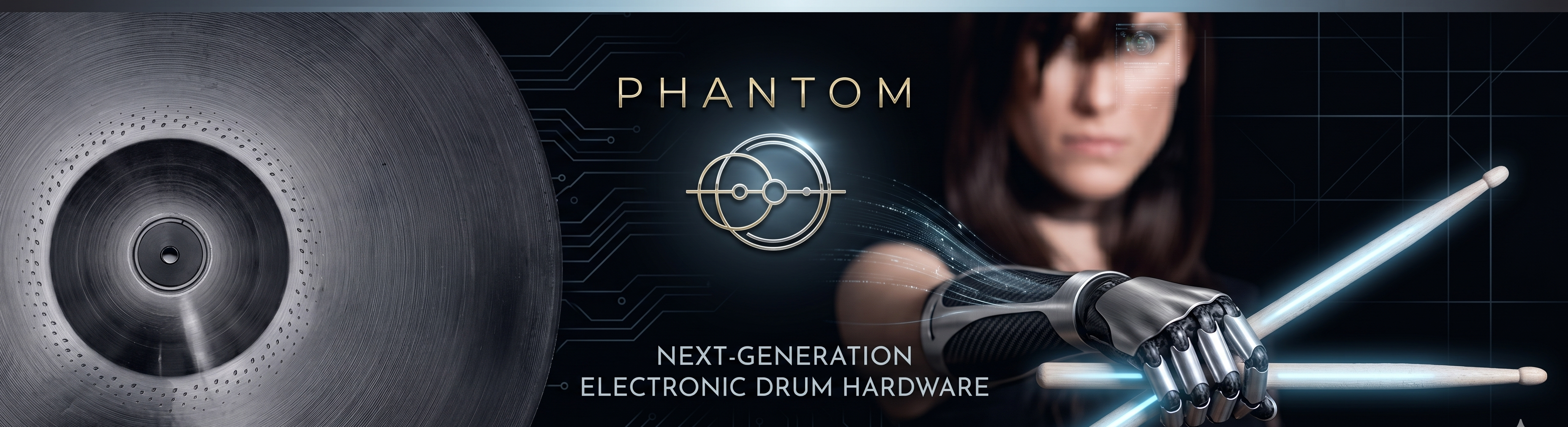 Promotional banner for 'Phantom' next-generation electronic drum hardware with a person holding a light saber.