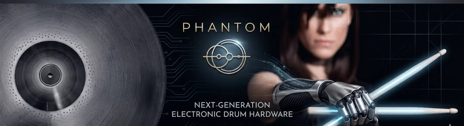 Promotional image for 'Phantom' next-generation electronic drum hardware with a close-up of a drum and a person holding a drumstick.